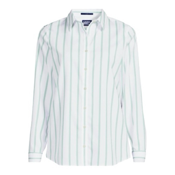 Lands' End Women's No Iron Cotton Long Sleeve White and Green Striped Shirt 14 P - Picture 1 of 9